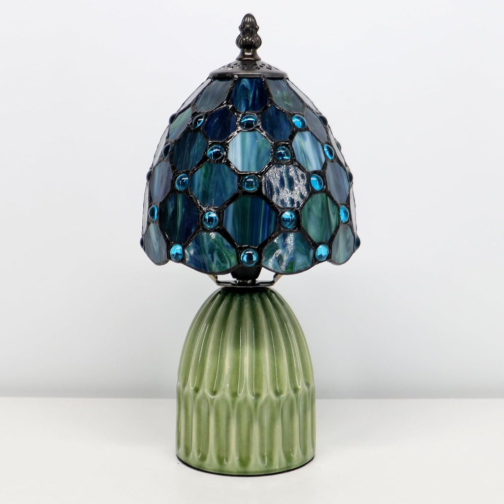 Tiffany Stained Glass Mushroom Table Lamp 12.5 Inch -Sea Blue Pearl