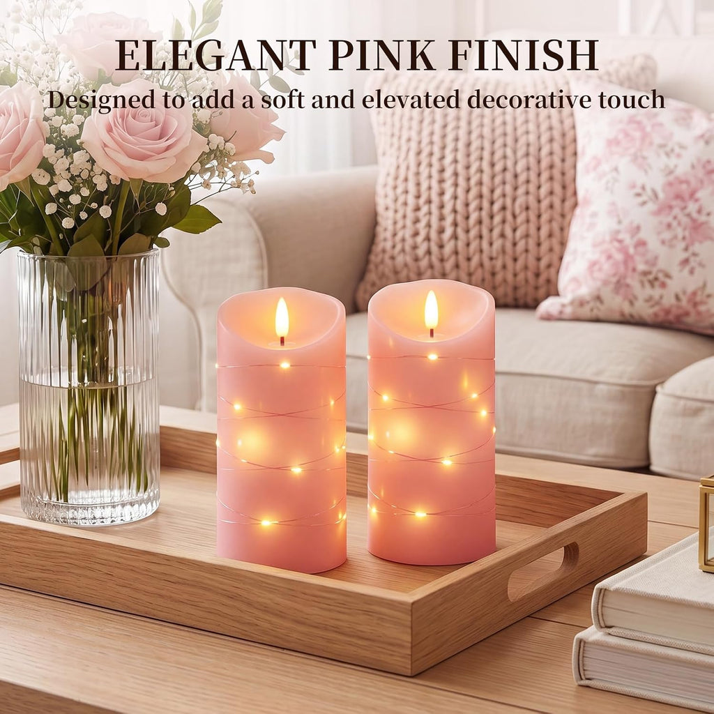Homemory Flameless Candles with String Lights, 2 Pack Embedded Fairy String Lights LED Candles, Electric Flickering Candles with Remote Control and Timer, Real Wax, Pink