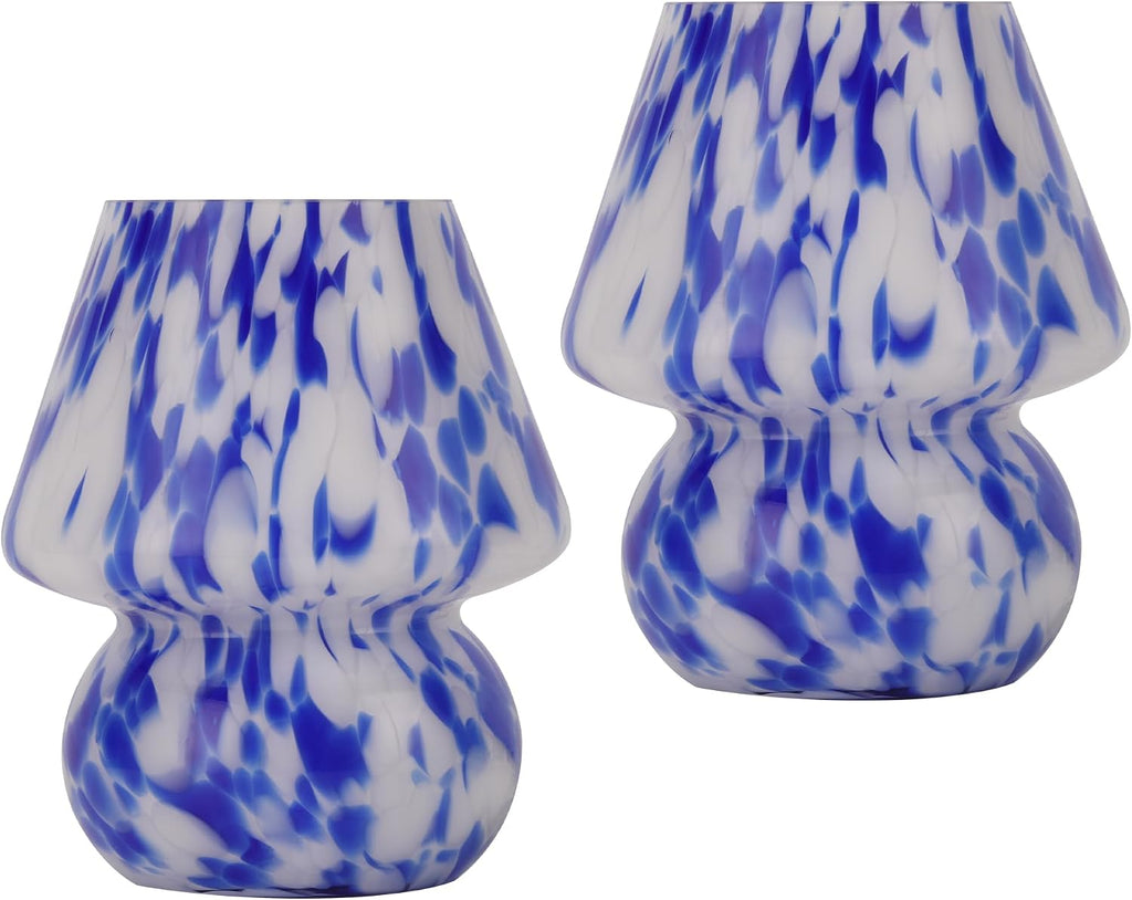 Mushroom Lamp Small Glass Table Lamp, Bedside Nightstand Lamp, Cute Desk Lamp for Bedroom, Dorm, Living Room & Kitchen, Classic Vintage Home Decor Lamp (2, Blue&White)