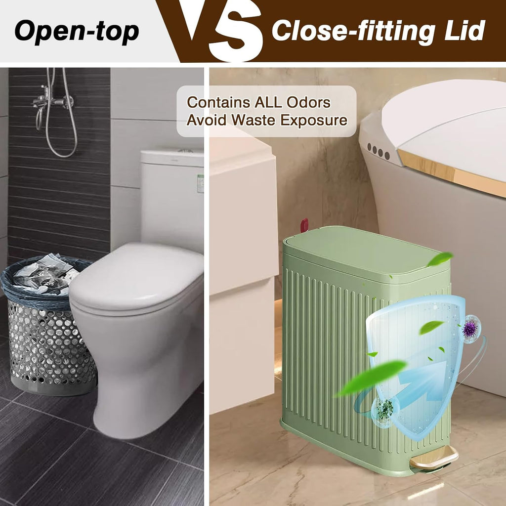 Slim Trash Can for Bathroom with Air Freshener Soft Close Lid, 6 Liter/ 1.6 Gallon Stainless Steel Garbage Can with Removable Inner Bucket,Step Pedal, Small Wastebasket for Bedroom, Kitchen (GREEN)