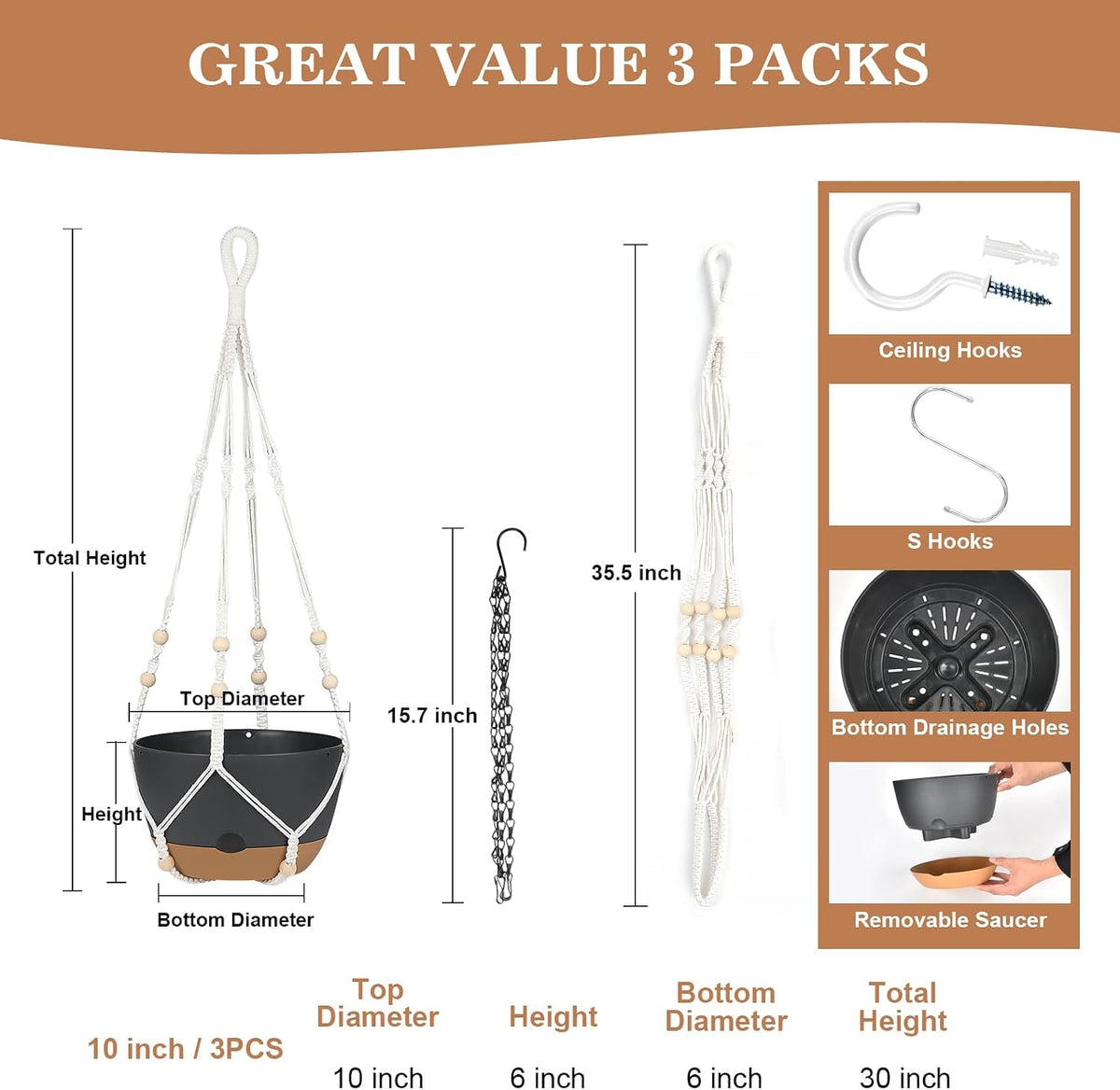 3 Pack Hanging Planters Set, 10inch Self-Watering Hanging Plant Pot, Macrame Plant Hanger with Pot, Chains, S & Ceiling Hooks, Removable Saucer and Drainage Holes for Indoor, Outdoor Plants - Black