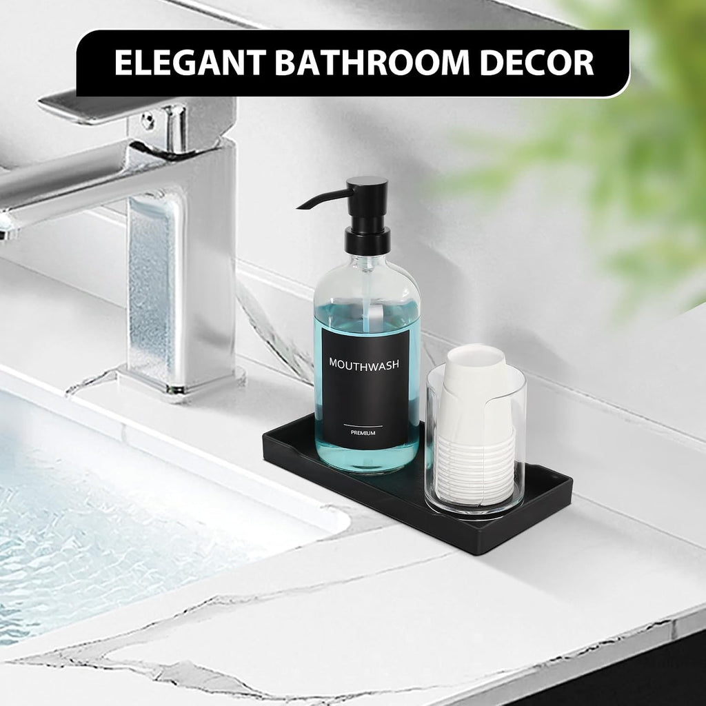 Mouthwash Dispenser for Bathroom, Glass Mouth Wash Pump Dispenser with Cup Holder, 17 Fl Oz Mouthwash Bottle Decanter with Tray, Refillable Mouthwash Dispenser Container