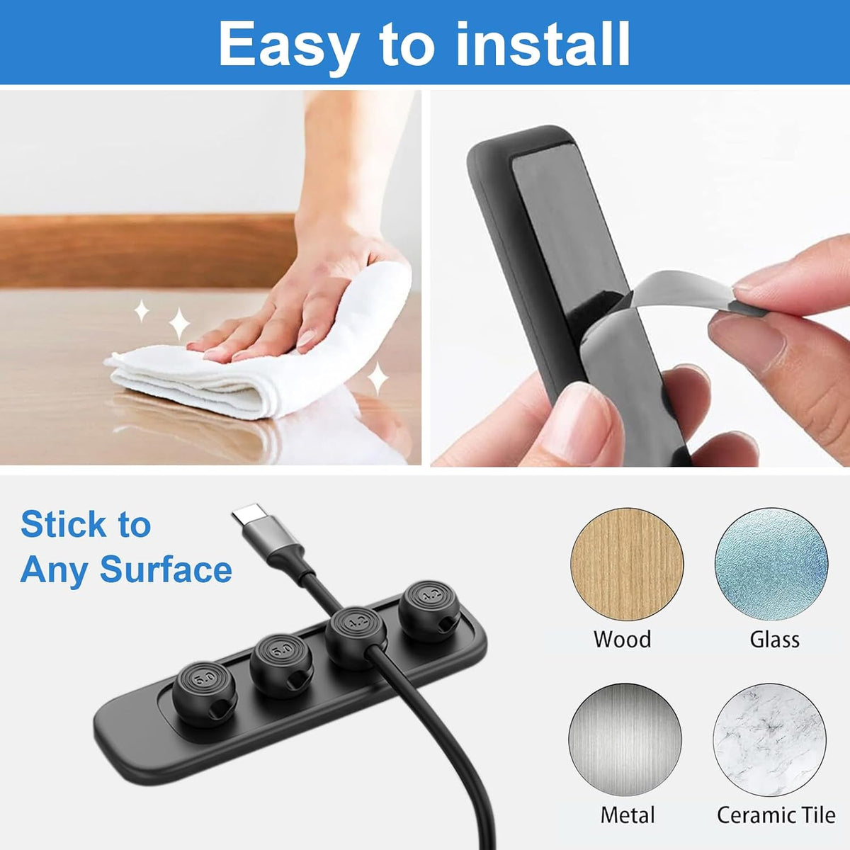 Wanheart Magnetic Cable Organizer for Desk, Adhesive Base & 4 Cable Clips