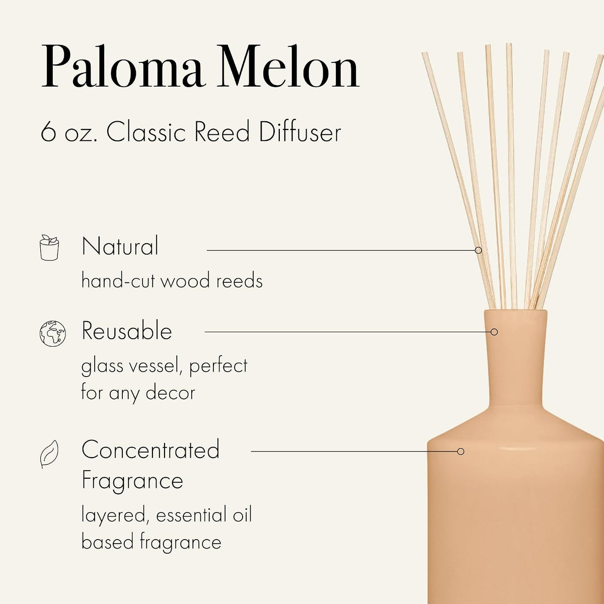 LAFCO New York Classic Reed Diffuser, Paloma Melon - 6 oz - Up to 3 Months Fragrance Life - Reusable Glass Vessel - Natural Wood Reeds - Made in the USA