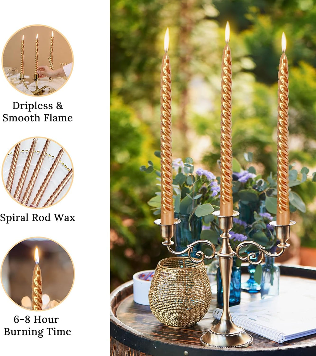 10 Inch Bronze Spiral Taper Candles Set for Holiday Decor, 12 Pack Unscented Twisted Candlesticks, Dripelss Thin Tapered Candles for Wedding Dinner Parties Galas Award Ceremonies Religious
