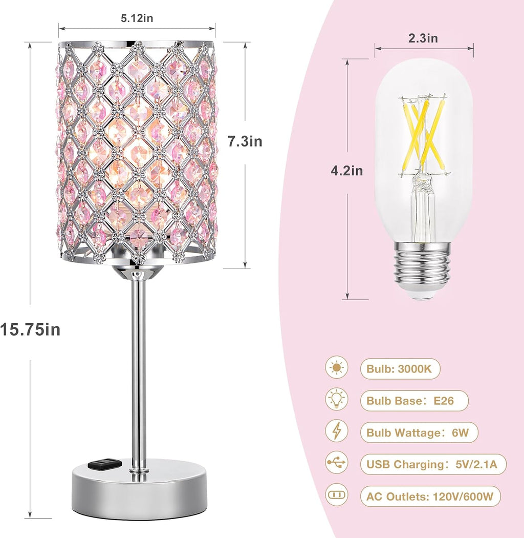 Peach Pink Bedside Lamps for Night Stands, Crystal Table Lamp for Bedroom