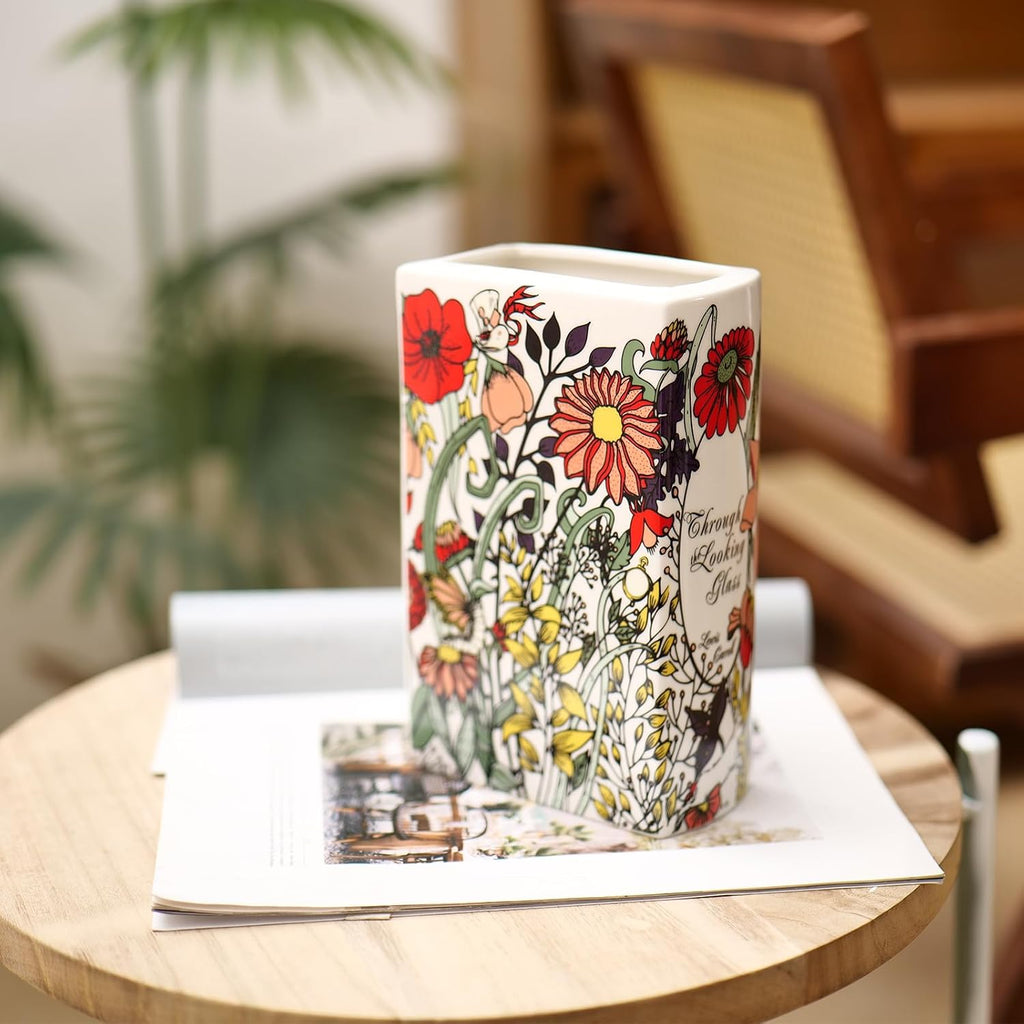 Book-Shaped Decorative Vase,Romehaha Book Vase for Flowers,Modern Ceramic Aesthetics Infused with Artistic Cultural Style,Cute Bookshelf Decor(Large - Through The Looking Glass)