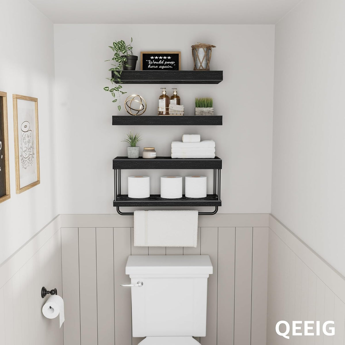 QEEIG Bathroom Floating Shelves Over Toilet (Black, Set of 3, 15.7")