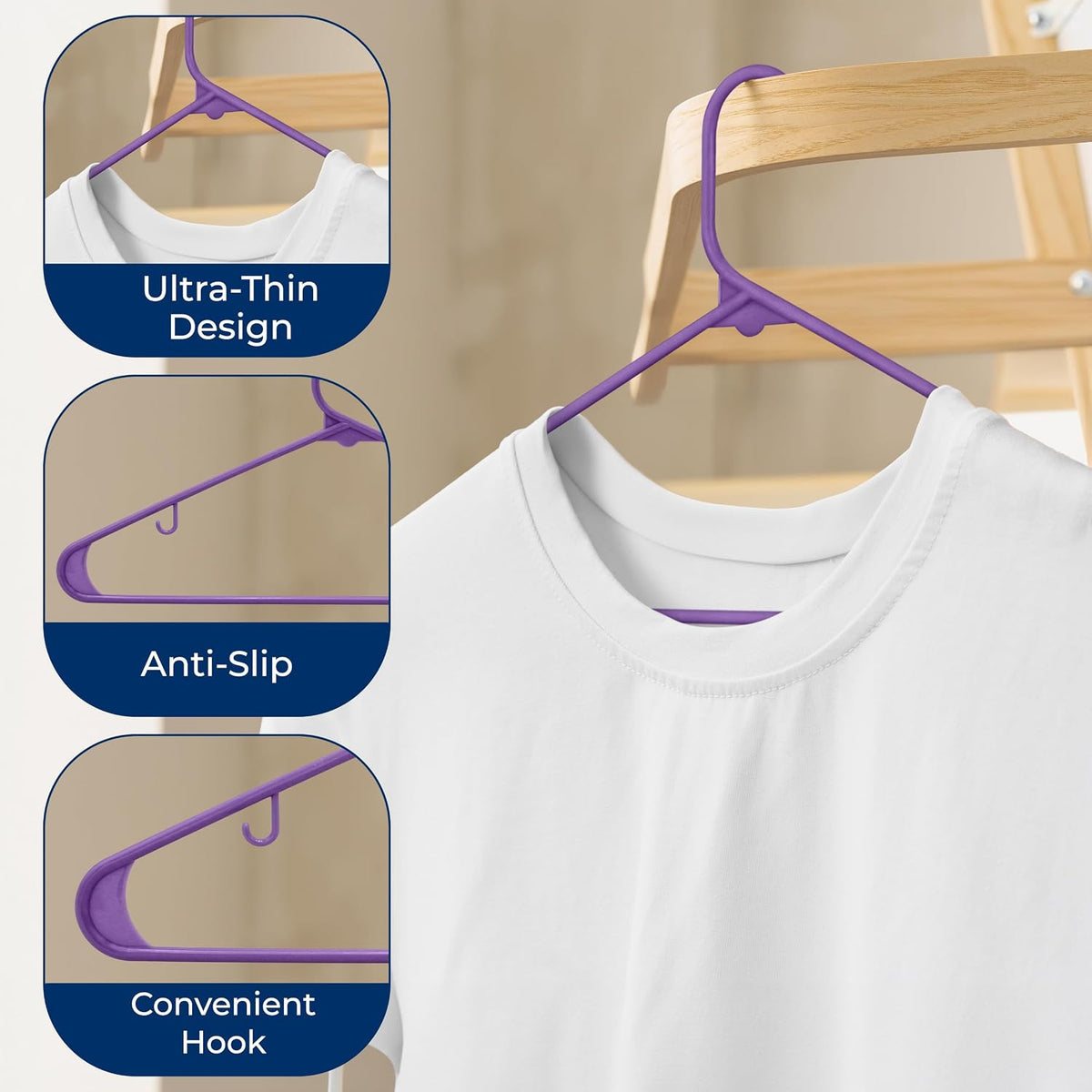 SereneLife 100 Pack Plastic Hangers | Organize Shirts, Dresses, Coats & Pants with Ease | Non-Slip, Lightweight, Ultra-Thin 0.24-Inch Profile, 5.5 Lbs Capacity, Space-Saving Design | Purple