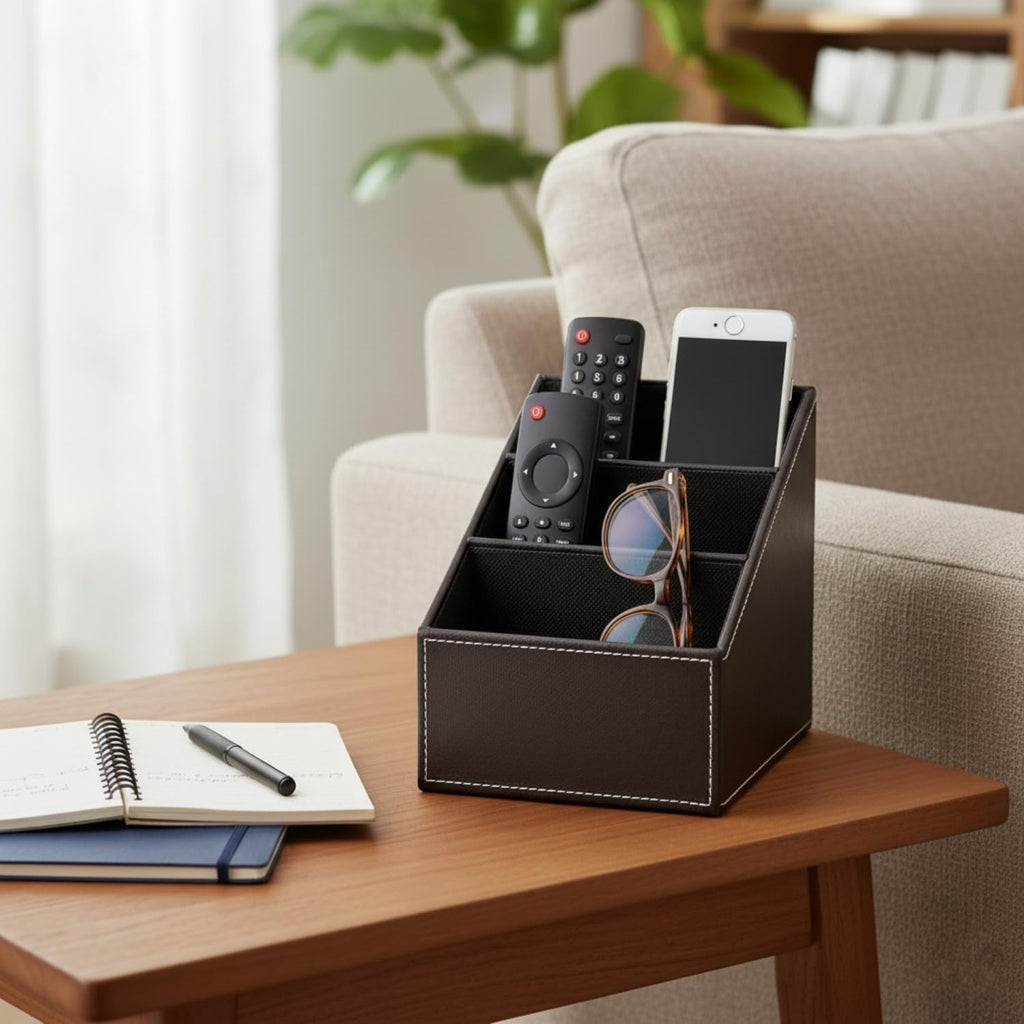 I-MART PU Leather Remote Control Holder Organizer with 3 Compartments, Stylish TV Remote Holder Caddy for Desk Nightstand Coffee Table and Media Accessory Storage (Black)