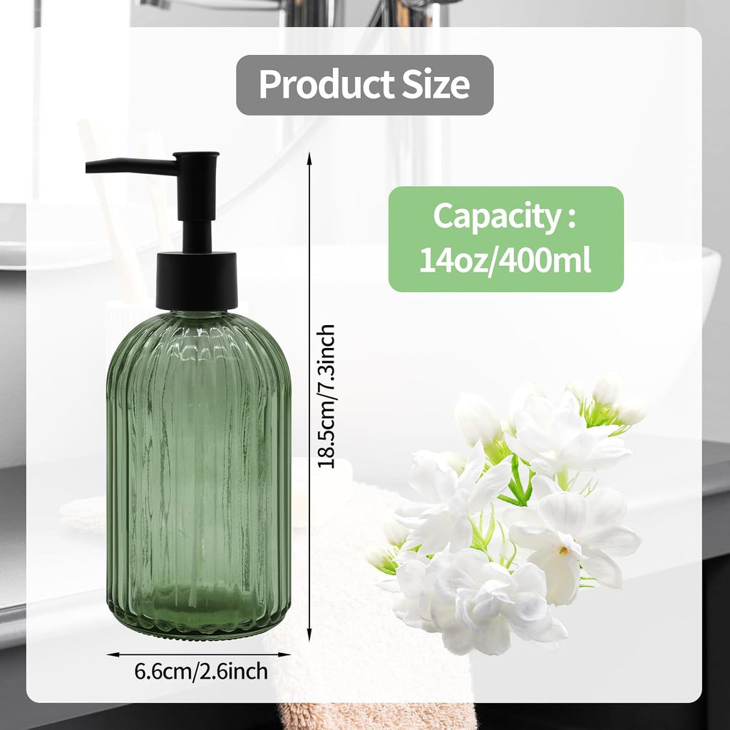 14oz Green Glass Soap Dispenser with Black Pump – Refillable for Hand Soap, Dish Soap, Lotion, Suited for Kitchen, Bathroom & Laundry Room (Olive Green)