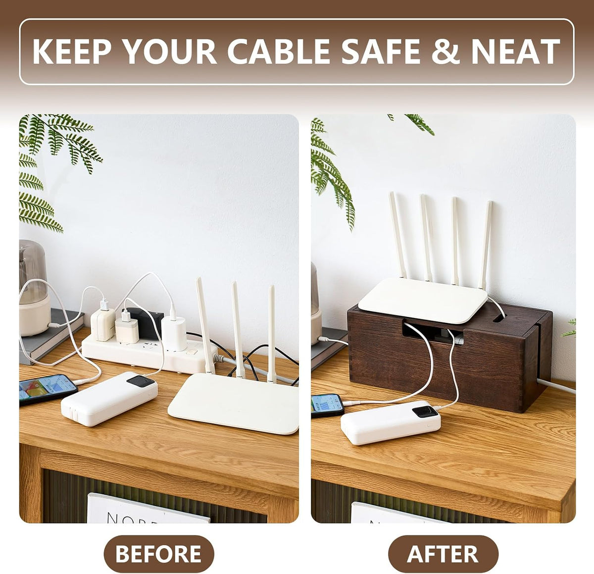 Oak Wood Cable Management Box - Large Cord Hider & Organizer with Magnetic Lid for Desk & Floor Cables in Home Office, Living Room, Bedroom (Walnut)