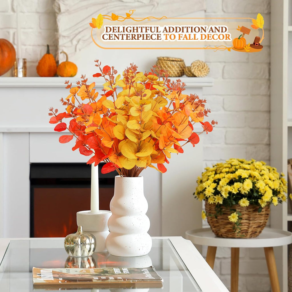 MEILIDY Artificial Eucalyptus Stems, Faux Foliage Branches, Orange, 12 Pcs