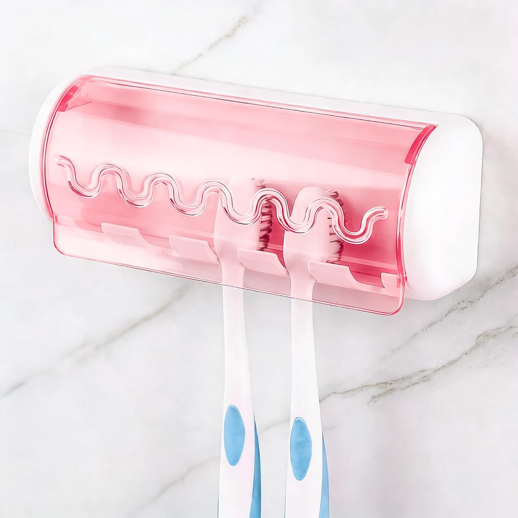 2 PCS Self Adhesive Toothbrush Holder with Cover for Bathroom, 5-Slot Wall Mounted Toothbrush Organizer Rack for Shower, Dorm, Cabinet (Pink)