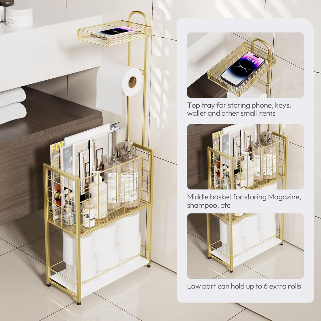 SWTYMIKI Freestanding Toilet Paper Holder - 4-Tier Free Standing Toilet Paper Holder Stand with Large Basket, Stand Mega Roll Storage Rack for Extra Rolls, Magazines, Wet Wipes, Gold