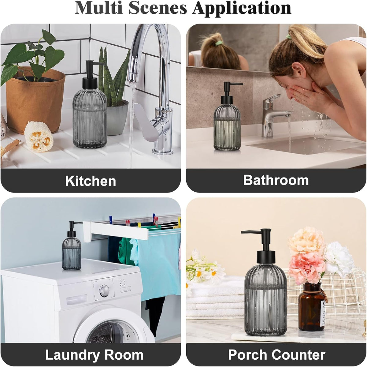 1 Pack 13.5oz Glass Soap Dispenser with Plastic Pump, Vertical Stripe Design Refillable Hand Soap Dispenser for Hand Wash, Bathroom and Kitchen
