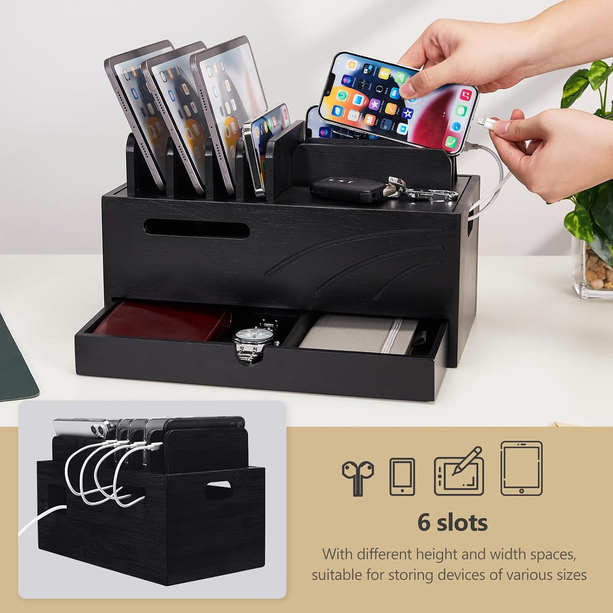 Homde Bamboo Charging Station Organizer: 6 Compartments and Drawer
