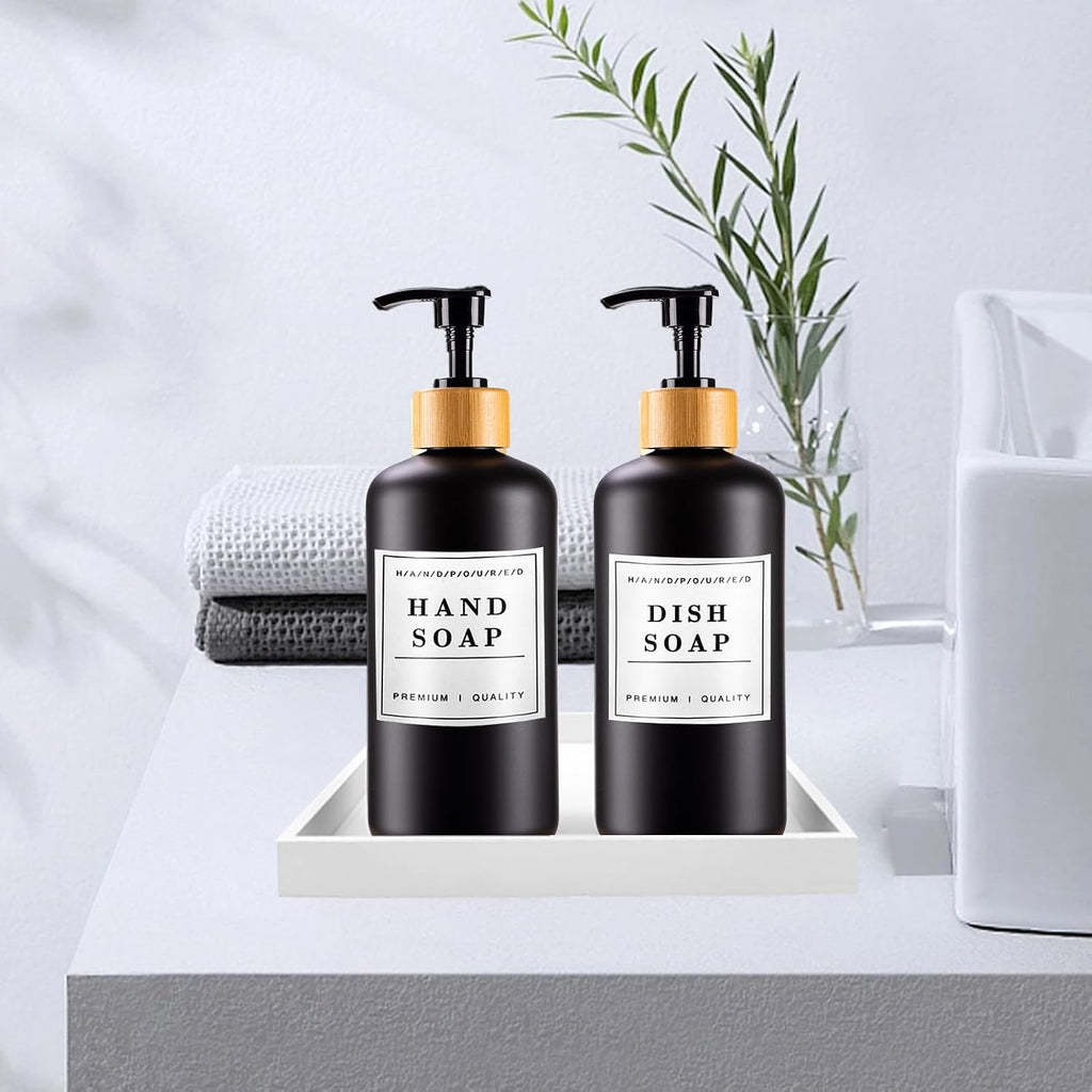 Black Soap Dispenser Set 16oz Plastic Soap Dispenser with Bamboo Pump Hand and Dish for Kitchen Refillable Soap Lotion Dispenser for Shampoo Conditioner Bathroom Kitchen Farmhouse