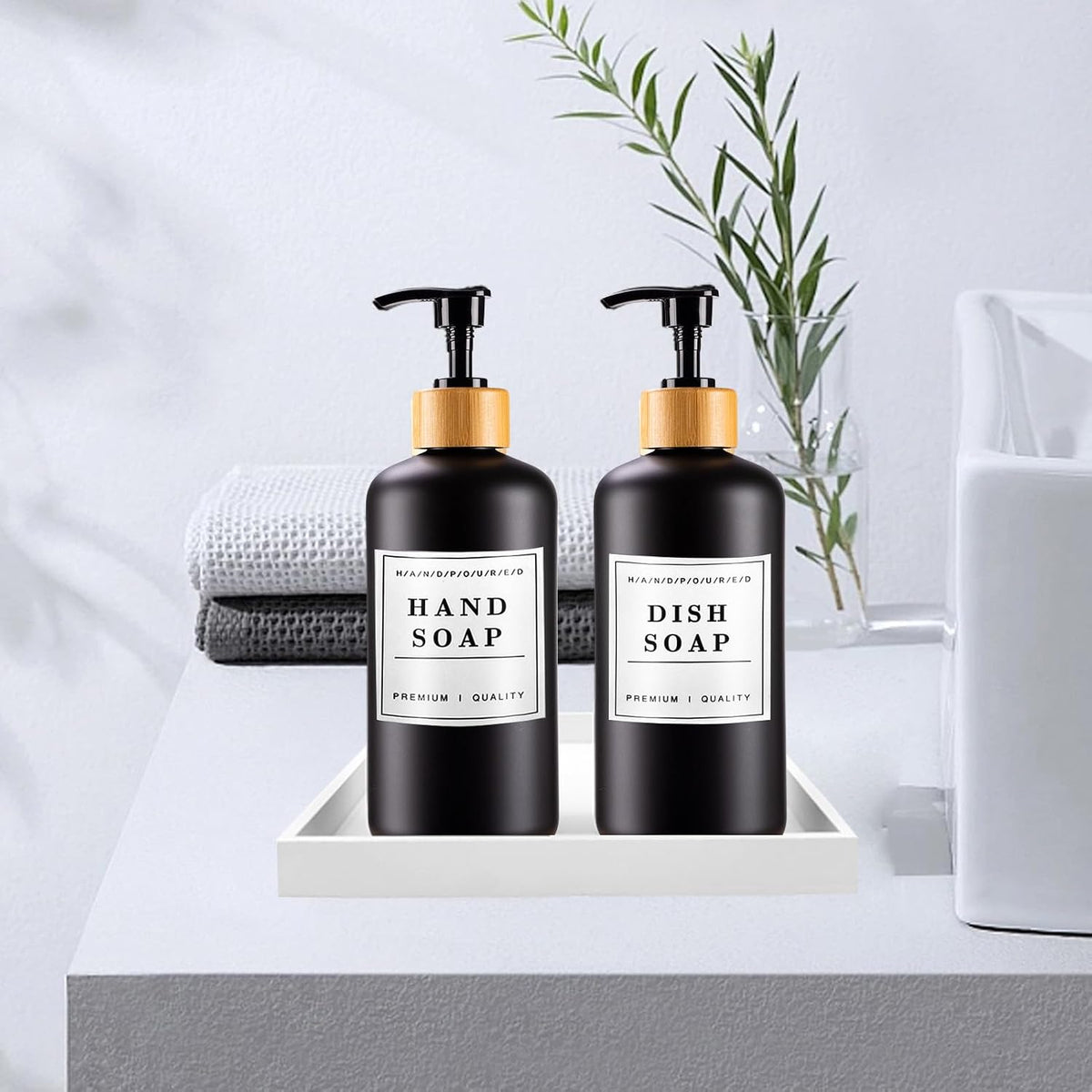 Black Soap Dispenser Set 16oz Plastic Soap Dispenser with Bamboo Pump Hand and Dish for Kitchen Refillable Soap Lotion Dispenser for Shampoo Conditioner Bathroom Kitchen Farmhouse