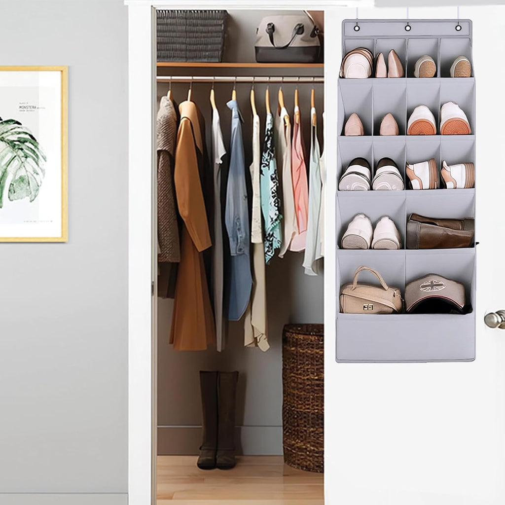 over the Door Shoe Organizer, Hanging Shoe Organizer with 15 Large Deep Pockets, Narrow Shoe Rack for Door Hanging Boots Storage, Dorm Room Essentials, Grey 11 Grid