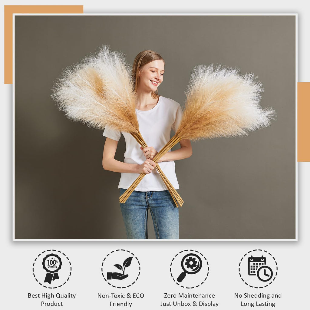 7 Pcs Faux Pampas Grass-45 Inches/3.75ft Large Boho Decor Fluffy Artificial Pompas Grass Décor Tall Vase Filler for Home Wedding Decoration (Beige Gradient, 7)