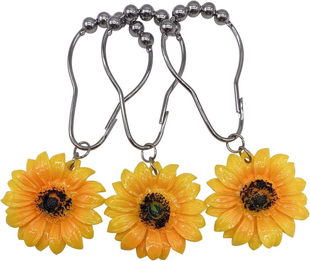 CHICTIE Flowers Shower Curtain Hooks Rings, 12 Pcs Decorative Rustproof Shower Rings for Bathroom Set (Yellow Sunflower)