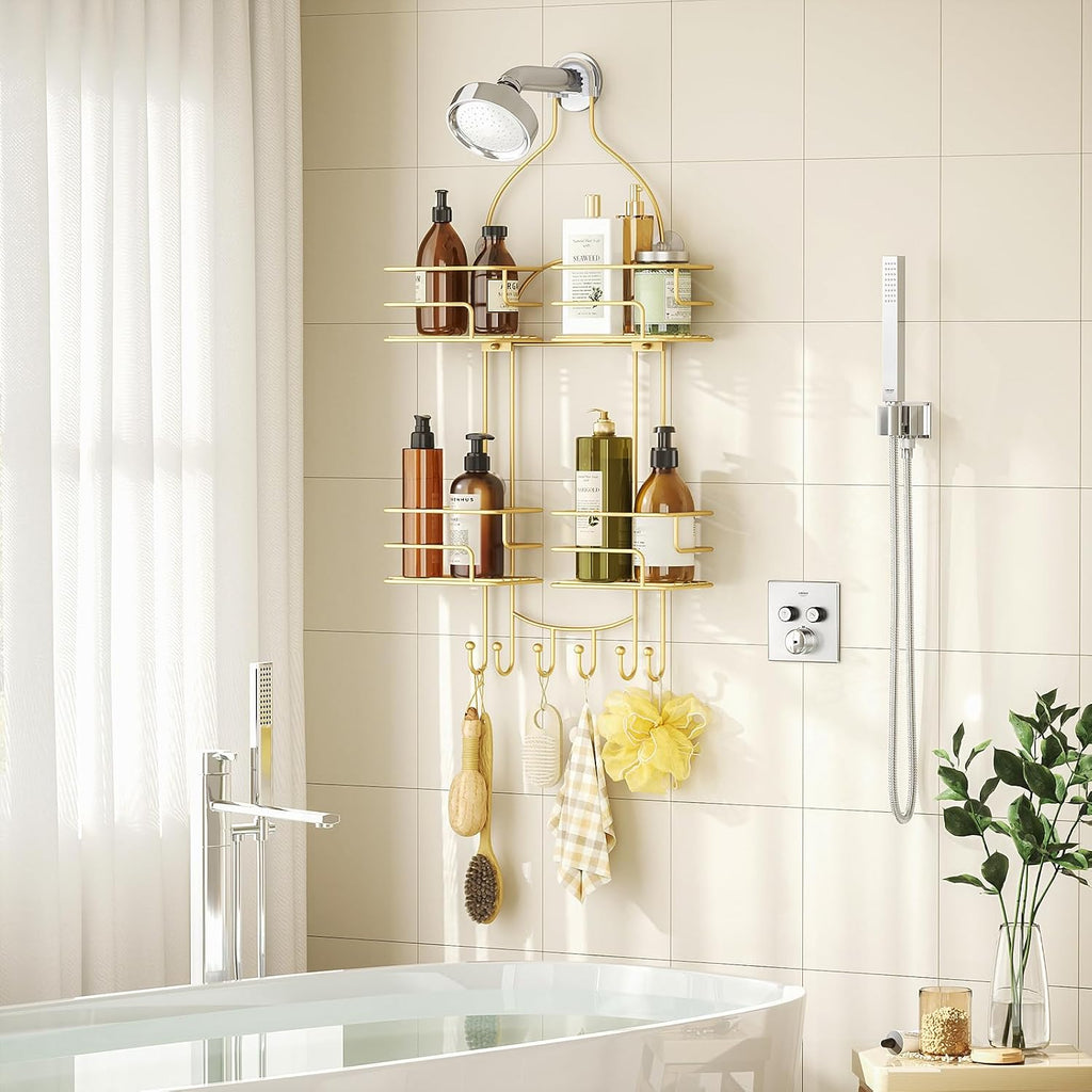 SRIWATANA Shower Caddy Hanging, Shower Organizer with Razor Hooks, Gold
