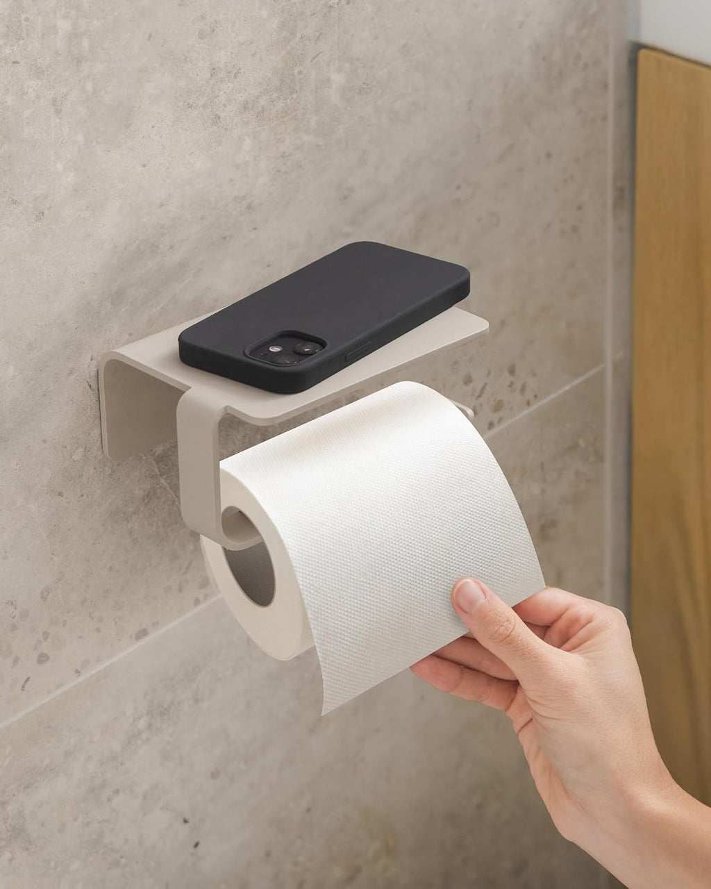 KAZAI. Toilet Paper Holder Wall Mount No Drill | Adhesive Toilet Paper Holder with Shelf | Bathroom Tissue Holder | Metal Toilet Paper Roll Dispenser | Sand Taupe