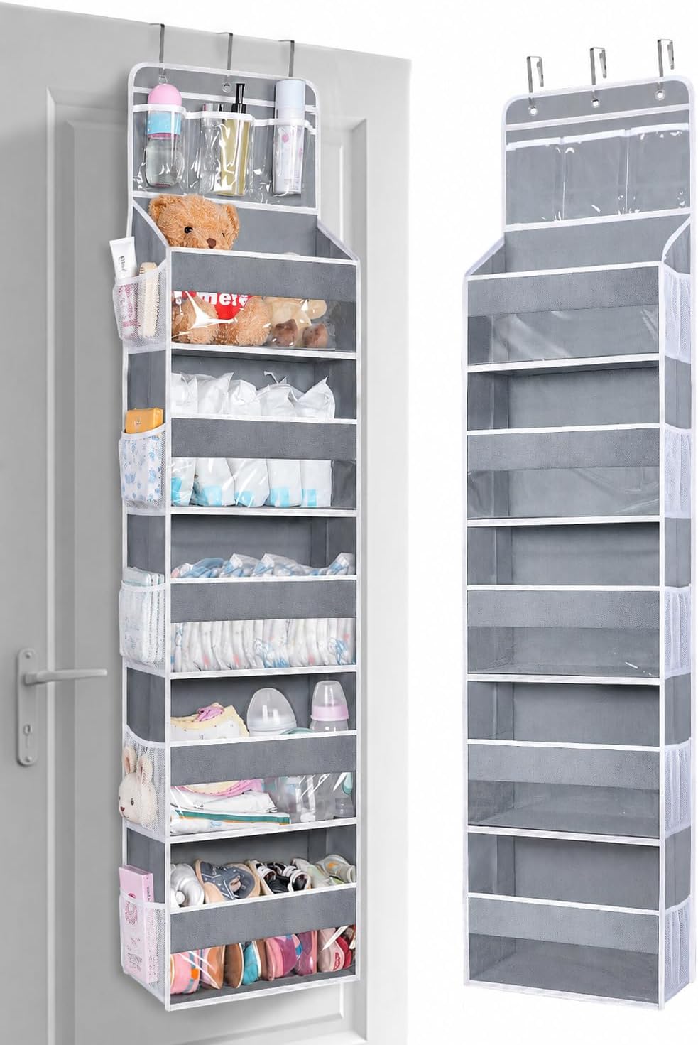 Over the Door Organizer with 5 Large Pockets, Heavy Duty Hanging Door Storage Rack with Clear PVC Front Pockets & Side Mesh Bags, Foldable Closet Organizer for Bedroom (DarkGray, 5 Floors)