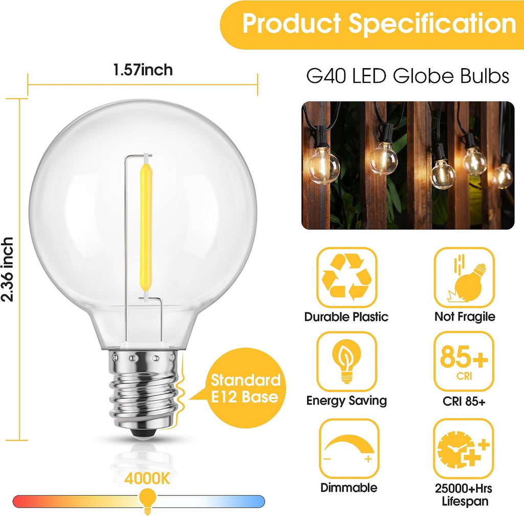 Mlambert 25 Pack G40 LED Replacement String Light Bulbs, E12 Base, 1W,4000K
