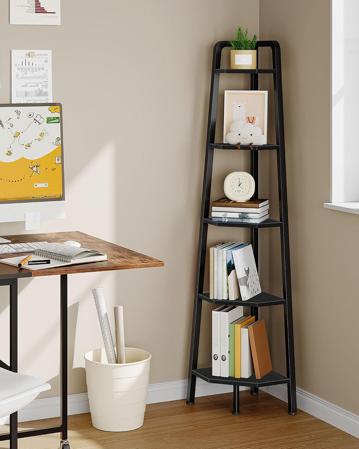 CHOEZON Corner Shelf, 5-Tier Ladder Corner Shelf, Ladder Bookshelf, 59.6" Tall Vertical Display Stand, Metal Frame Bookshelf, for Living Room, Bedroom, Kitchen, Black TCJ20BB