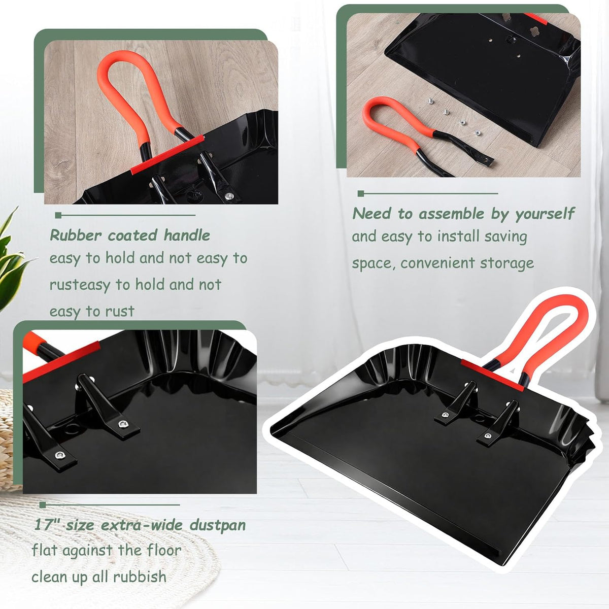 2 Metal Dustpans with Hand Brush, 17 Inch Heavy Duty Cleaning Set, Black