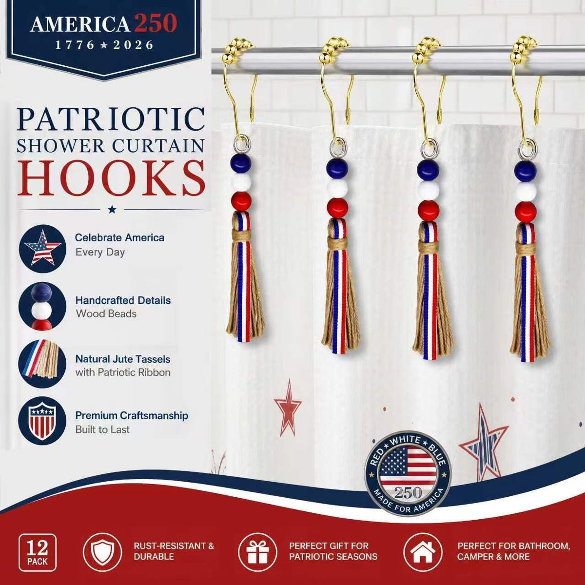 Gold Shower Curtain Hooks Rings, Rust Proof Patriotic Tassels, 12 Pack