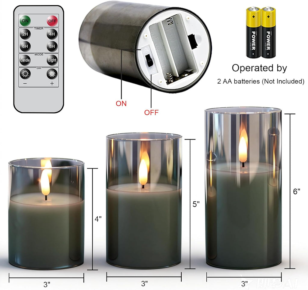 GenSwin Glass Flameless Candles, Flickering LED Pillar Candles with Remote Timer, Battery Operated Candles for Home Decor Wedding & Gift (D3 xH4 5" 6",Gray)