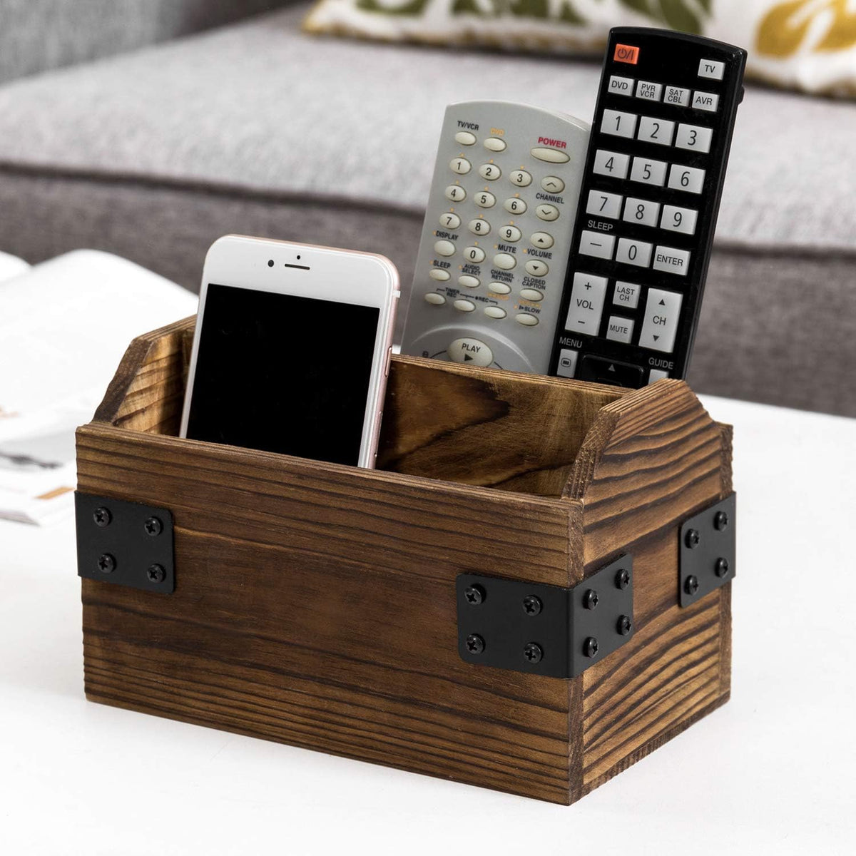 MyGift Rustic Burnt Wood TV Remote Holder with Black Metal Accents