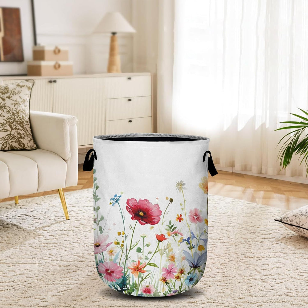 Watercolor Wildflowers Laundry Basket, Floral Laundry Hamper Collapsible Oxford Cloth with Handle Clothes Storage Bin for Bathroom Laundry Room Bedroom 15.7 X 20 Inch