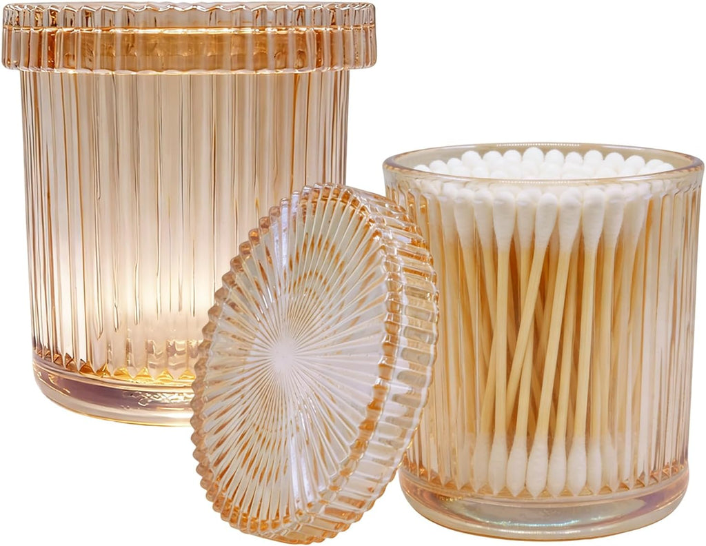 Bathroom Organizers and Storage, 2 Pack Glass Qtip Holder Canisters with Lids, Crystal Clear Apothecary Jars for Cotton Balls, Swabs, Floss, Candy & Makeup Pads (Amber)