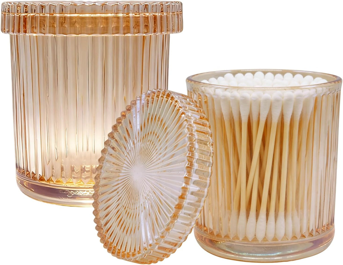 Bathroom Organizers and Storage, 2 Pack Glass Qtip Holder Canisters with Lids, Crystal Clear Apothecary Jars for Cotton Balls, Swabs, Floss, Candy & Makeup Pads (Amber)