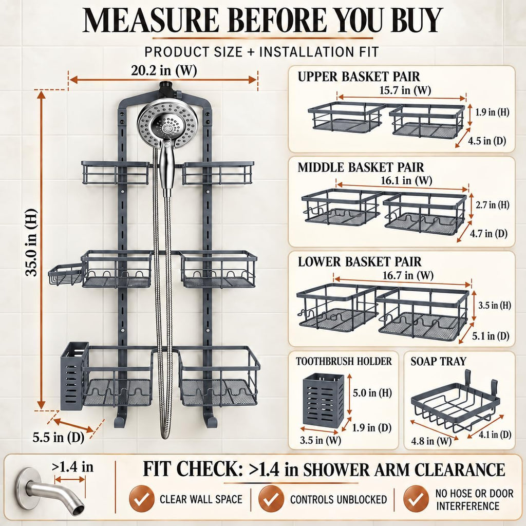 Extra Large Shower Caddy Hanging, Rust-Resistant Shower Organizer Hanging,3 Tier Height-Adjustable Over the Head Caddy,Rack with Soap Basket (Gray)
