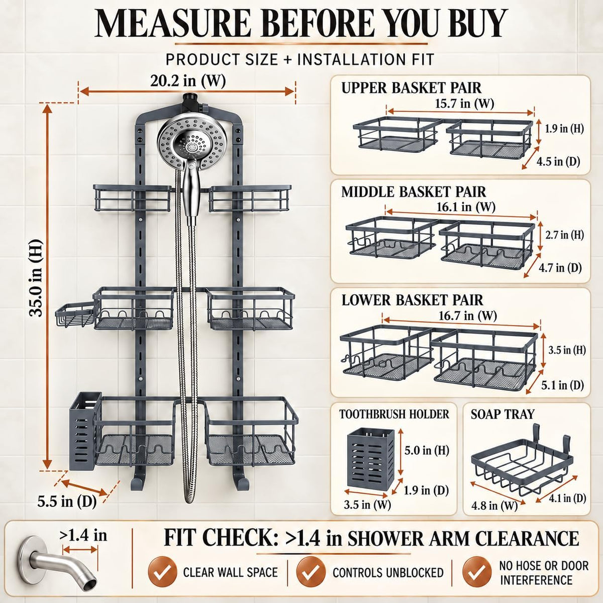 Extra Large Shower Caddy Hanging, Rust-Resistant Shower Organizer Hanging,3 Tier Height-Adjustable Over the Head Caddy,Rack with Soap Basket (Gray)