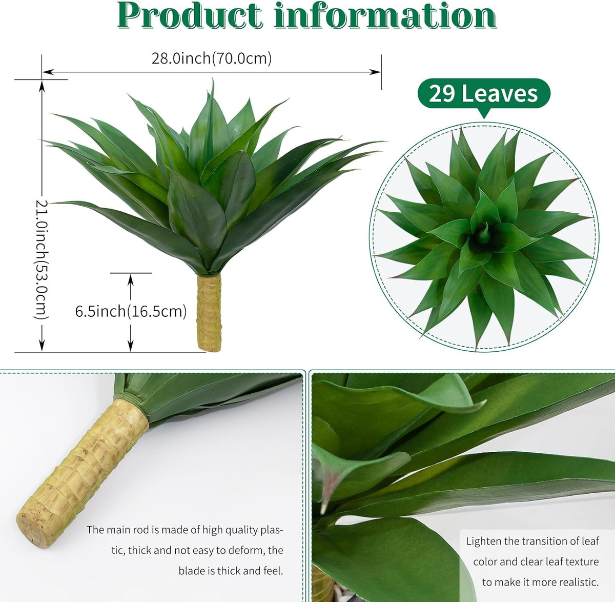 2 Pack Artificial Agave Plants 28 Inch Large Size Faux Succulent Stems Outdoor Decorating Realistic UV Resistant Tropical Plant Plantas Artificiales Decorativas Grandes - 29 Leaves, Dark Green