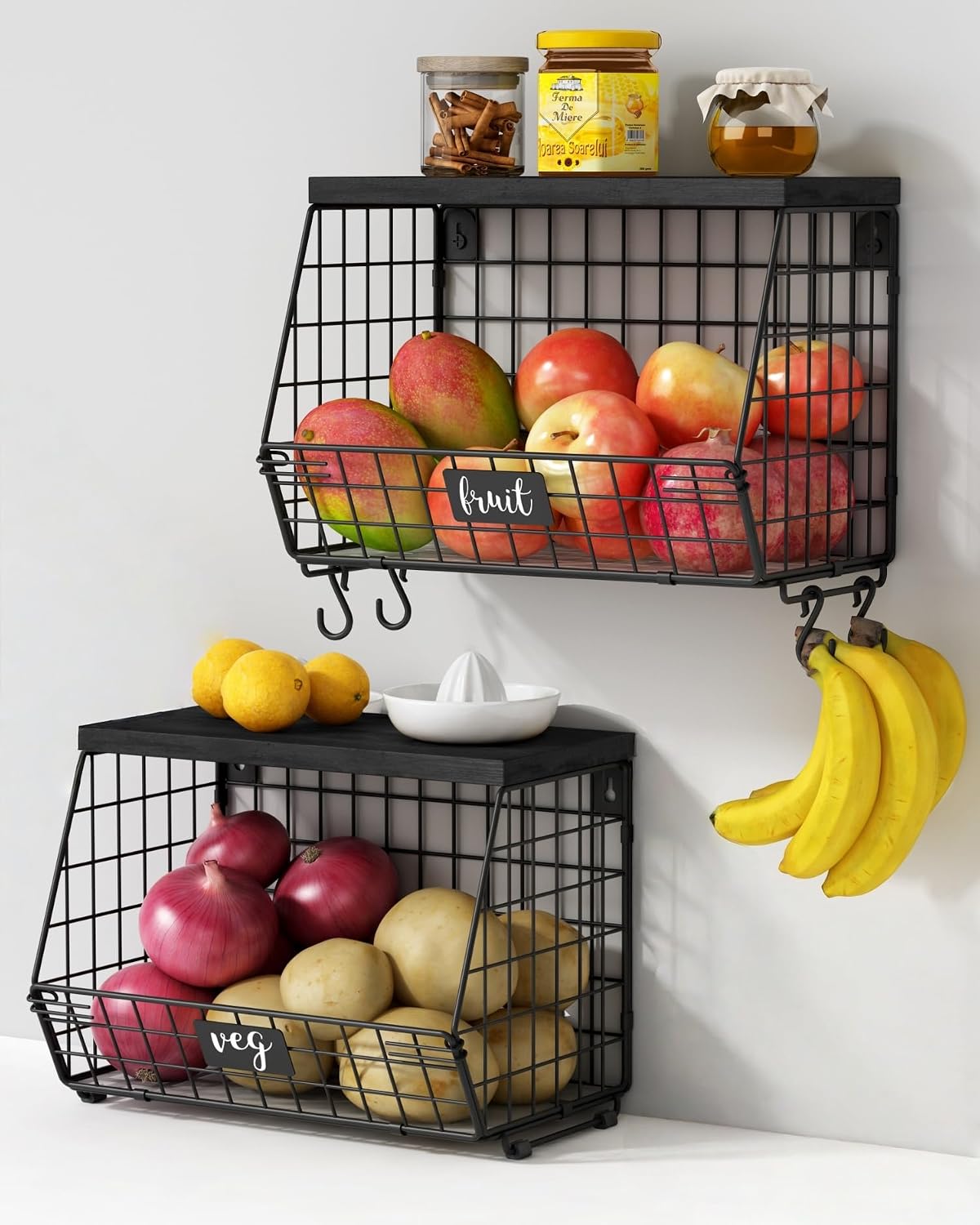 Goozii Black Kitchen Wall Hanging Storage Basket Set of 2, Rustic Stackable Kitchen Counter Fruit Organizer, Wire Baskets Container for Veggie, Garlic, Produce, Onion and Potato (Black Shelf)
