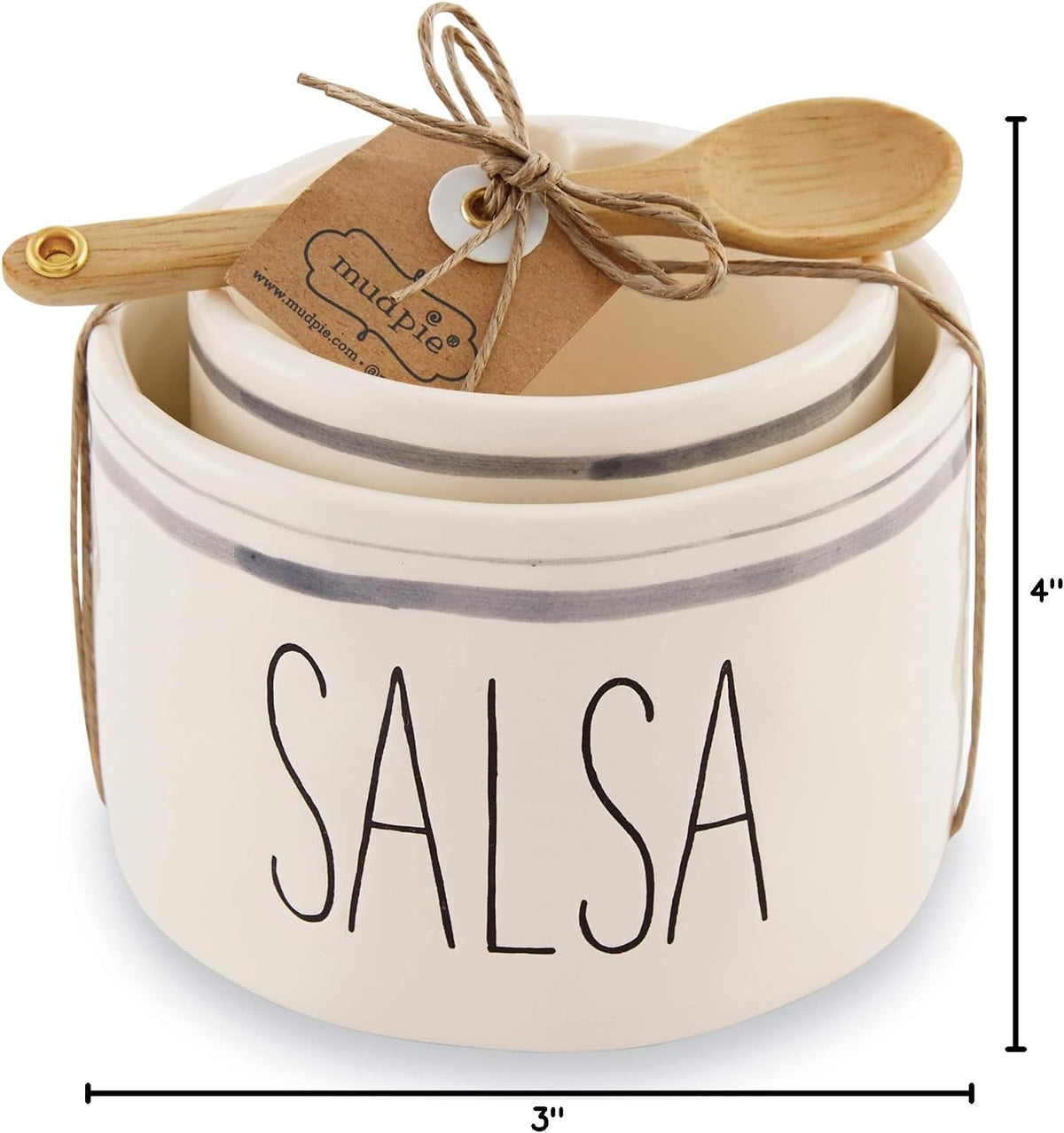 Mud Pie Salsa and Guac Bowl Set, Nesting Ceramic Dip Bowls with Wood Spoon