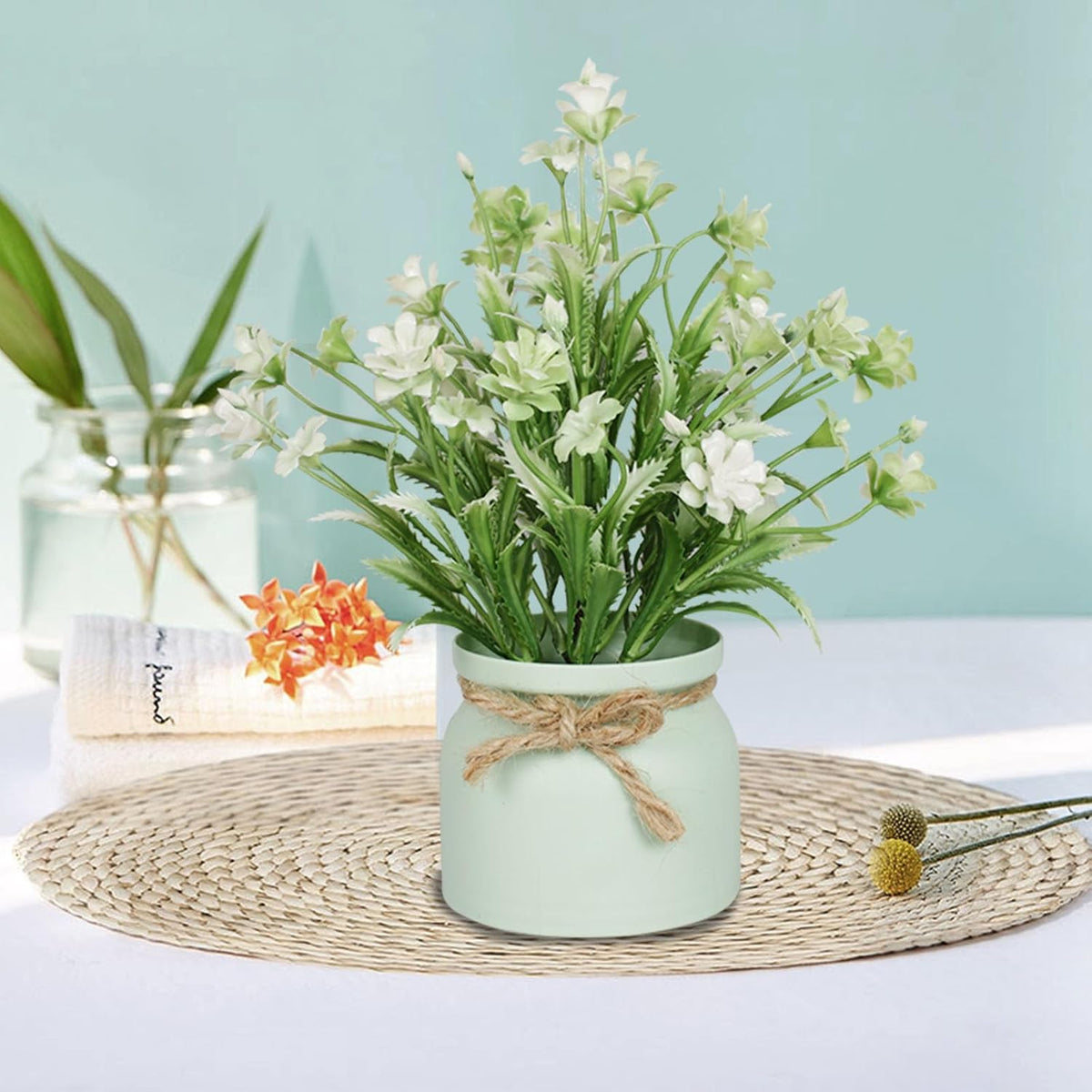 Yoratee 4pcs Artificial Pot Flowers Small Fake Plants with Pot Mini Potted Plants for House Office Tabletop Decoration