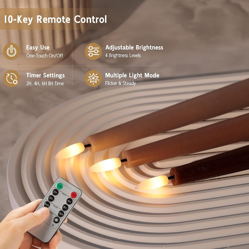 Brown Flameless Taper Candles, Wax LED Candles with Remote Battery Operated