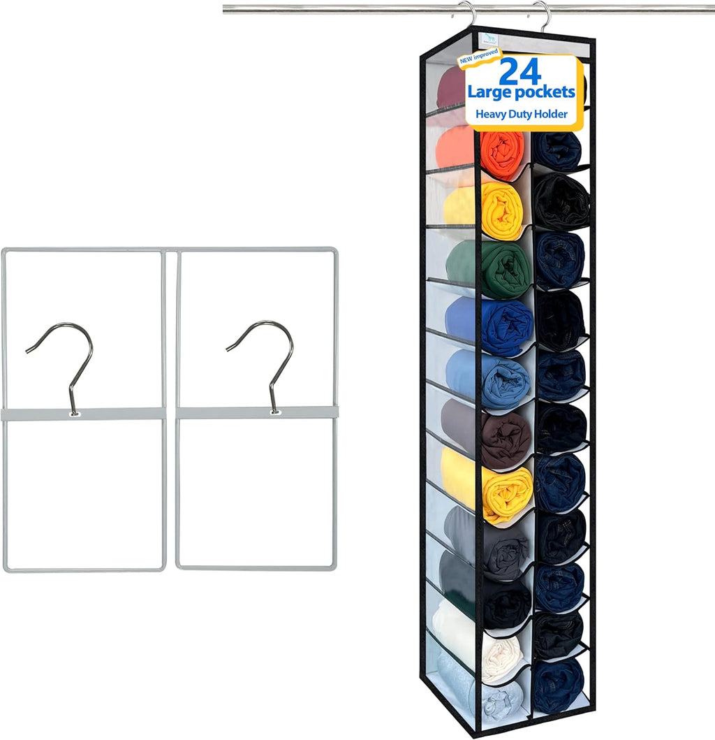Closet Organization,24 Section, Hanging Closet Organizer, Space Saving, College Dorm Essentials for Girls, Heavy dutys Hooks Up to 45 Pounds, Clothes Storage,Closet Organizer,White/Black