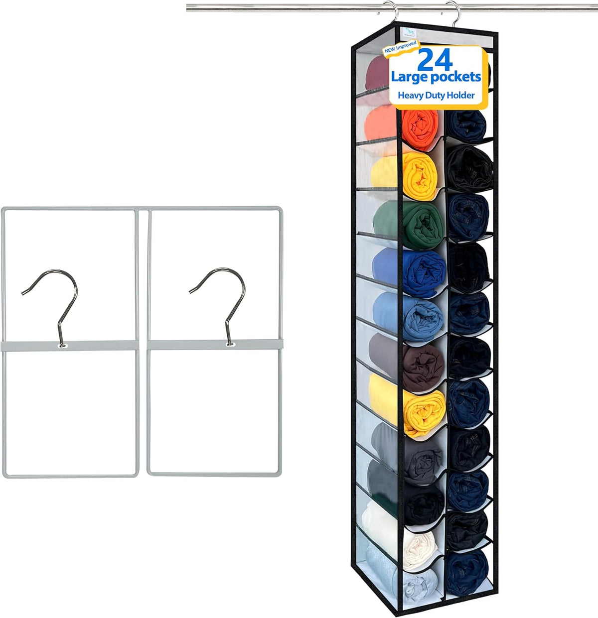 Closet Organization,24 Section, Hanging Closet Organizer, Space Saving, College Dorm Essentials for Girls, Heavy dutys Hooks Up to 45 Pounds, Clothes Storage,Closet Organizer,White/Black