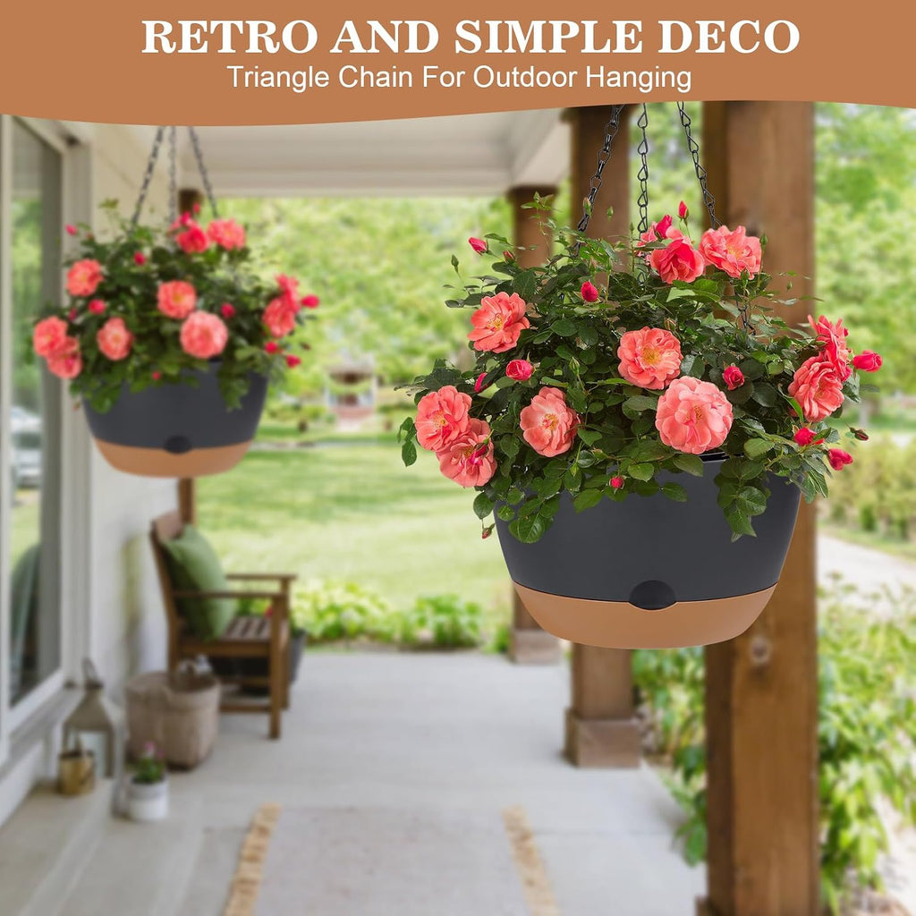 3 Pack Hanging Planters Set, 10inch Self-Watering Hanging Plant Pot, Macrame Plant Hanger with Pot, Chains, S & Ceiling Hooks, Removable Saucer and Drainage Holes for Indoor, Outdoor Plants - Black