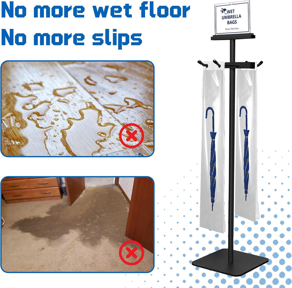 Wet Umbrella Bag Stand with Free 200 Large Plastic Disposable Bags, Black