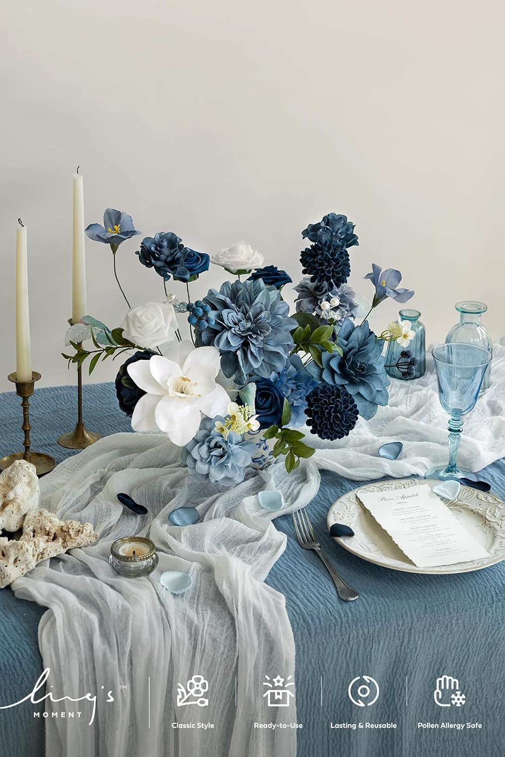 Ling's moment Artificial Wedding Flowers Combo, Dusty Blue & Navy, Deluxe
